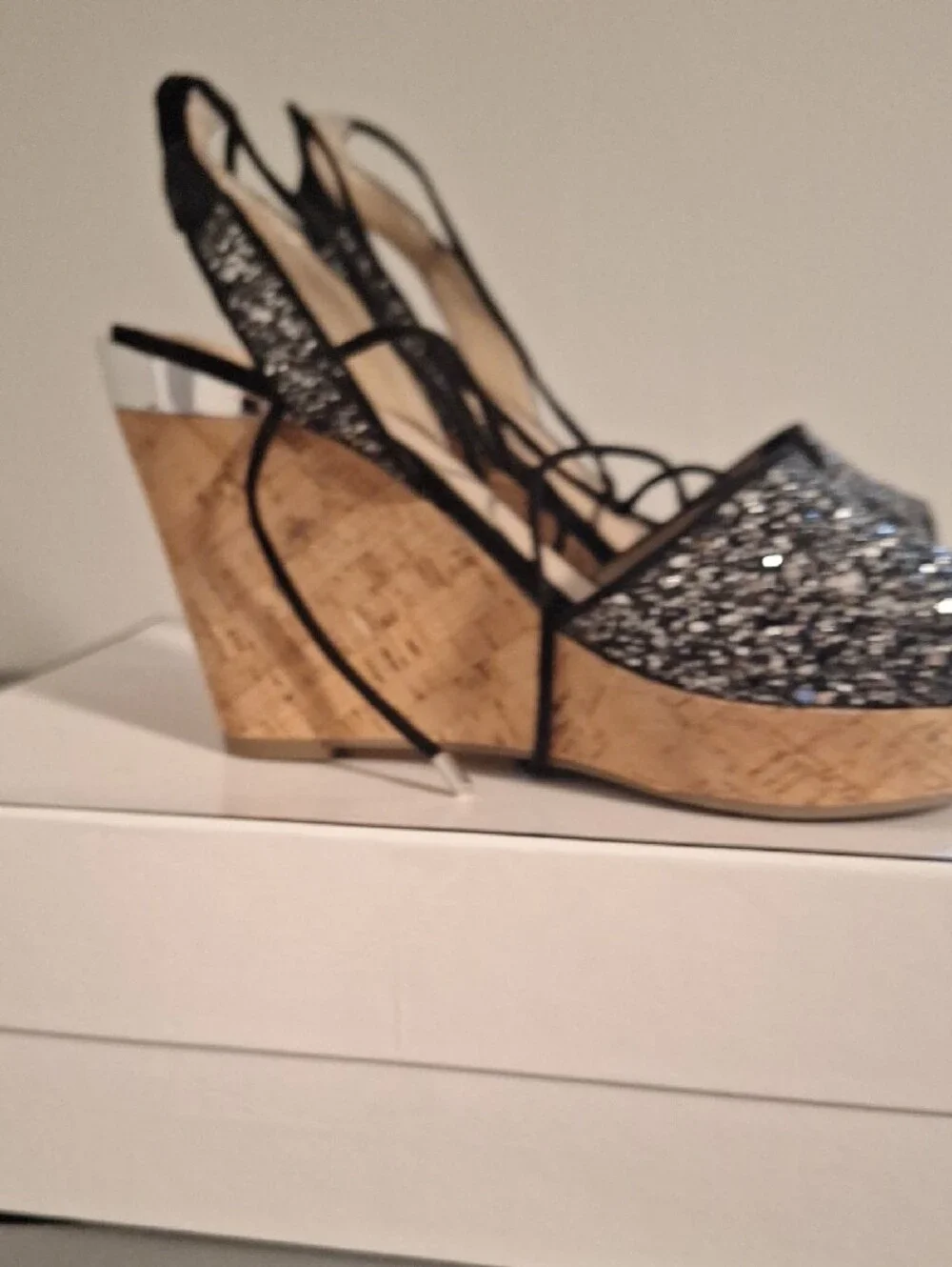 GUESS Black Glitter Lace-Up Cork Wedge Sandals